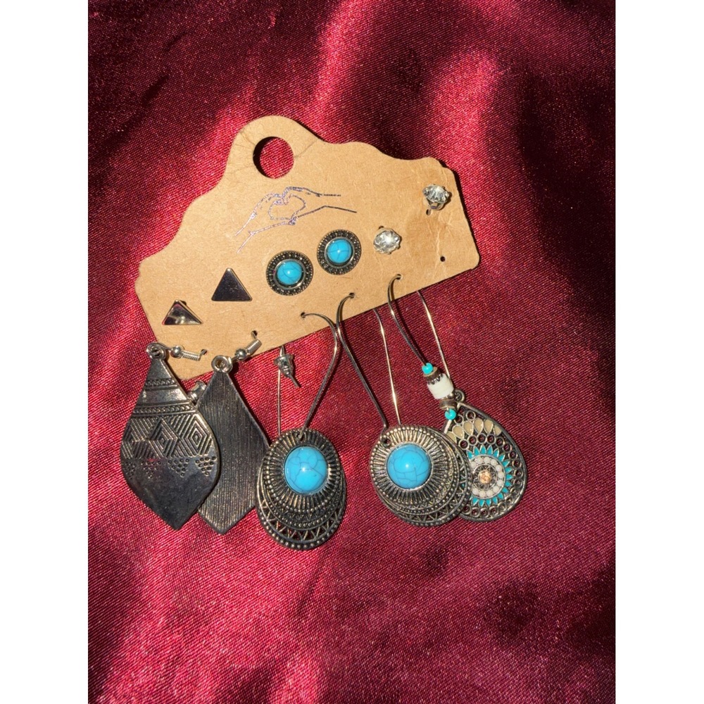 Boho Silver Turquoise Earring Set Southwestern Geometric Dangle Stud Lot 5 Pair